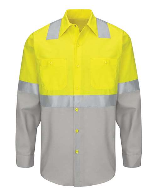 Red Kap SY14 Enhanced & Hi-Visibility Long Sleeve Work Shirt #color_Fluorescent Yellow/ Green/ Grey