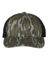 Richardson 111P Garment Washed Printed Trucker Cap #color_Mossy Oak Bottomland/ Black