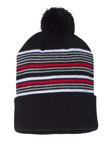 ""Sportsman SP60 12" Striped Pom-Pom Cuffed Beanie" #color_Black/ White/ Grey/ Red"
