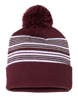 ""Sportsman SP60 12" Striped Pom-Pom Cuffed Beanie" #color_Maroon/ White/ Grey"