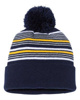 ""Sportsman SP60 12" Striped Pom-Pom Cuffed Beanie" #color_Navy/ White/ Grey/ Gold"
