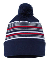 ""Sportsman SP60 12" Striped Pom-Pom Cuffed Beanie" #color_Navy/ White/ Grey/ Red"