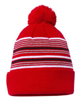 ""Sportsman SP60 12" Striped Pom-Pom Cuffed Beanie" #color_Red/ White/ Grey/ Black"