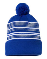 ""Sportsman SP60 12" Striped Pom-Pom Cuffed Beanie" #color_Royal/ White/ Grey"