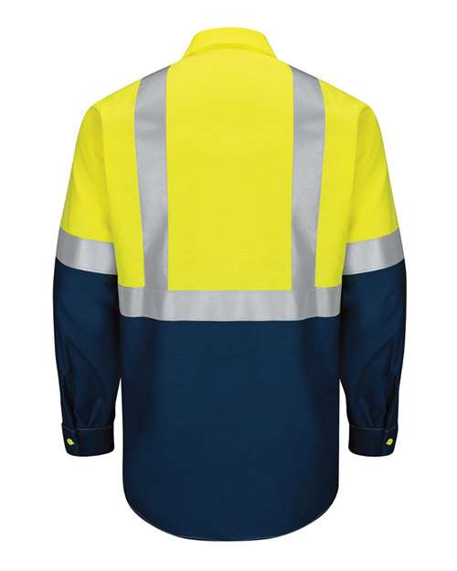 Red Kap SY14 Enhanced & Hi-Visibility Long Sleeve Work Shirt #color_Fluorescent Yellow/ Green/ Navy
