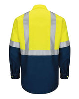 Red Kap SY14 Enhanced & Hi-Visibility Long Sleeve Work Shirt #color_Fluorescent Yellow/ Green/ Navy