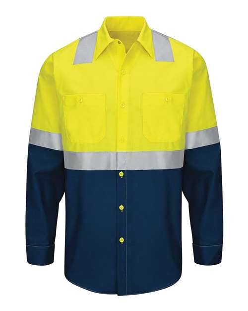 Red Kap SY14 Enhanced & Hi-Visibility Long Sleeve Work Shirt #color_Fluorescent Yellow/ Green/ Navy