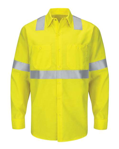 Red Kap SY14 Enhanced & Hi-Visibility Long Sleeve Work Shirt #color_HV-Fluorescent Yellow/ Green