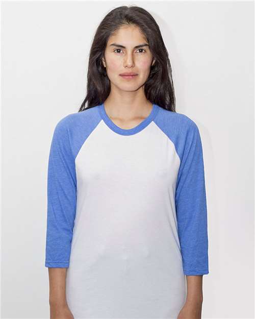 Los Angeles Apparel FF53 USA-Made Three Quarter Sleeve Raglan Baseball T-Shirt #color_White/ Heather Lake Blue