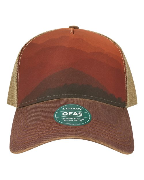 LEGACY OFAFP Old Favorite Five-Panel Trucker Cap #color_Mt Sunset/ Maroon/ Khaki