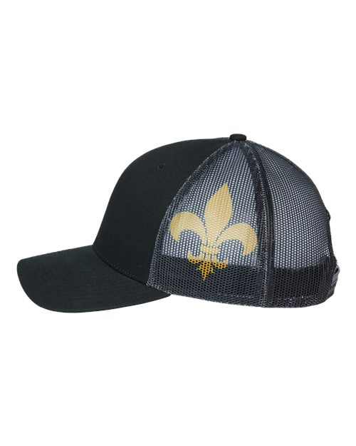 Kati S700M Printed Mesh Trucker Cap #color_Black/ Black/ Fleur De Lis