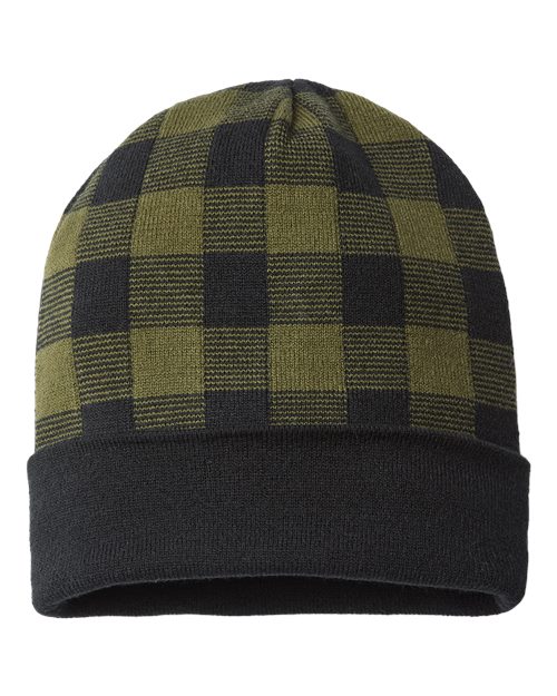 CAP AMERICA RKP12 USA-Made Plaid Beanie #color_Olive Green/ Black