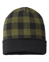 CAP AMERICA RKP12 USA-Made Plaid Beanie #color_Olive Green/ Black