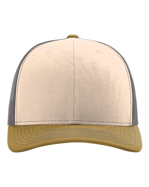 Richardson 112 Snapback Trucker Cap #color_Mink Beige/ Charcoal/ Amber Gold