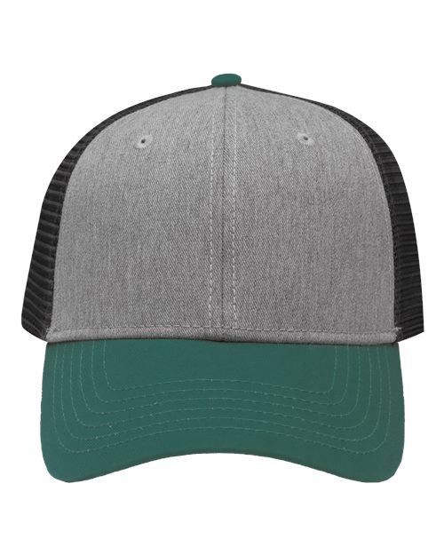 Sportsman SP1450 Traditional Lo-Pro Mesh Back Trucker Fit Cap #color_Heather Grey/ Charcoal/ Forest Green