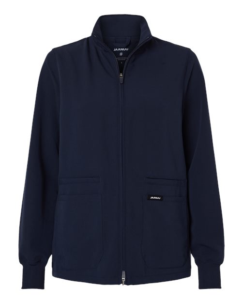 Jaanuu W60001 Women's Ceri Essential Full-Zip 6-Pocket Scrub Jacket #color_Midnight Navy