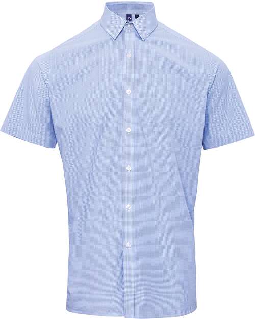 Artisan Collection by Reprime RP221 Mens Microcheck Gingham Short-Sleeve Cotton Shirt #color_LT BLUE/ WHITE