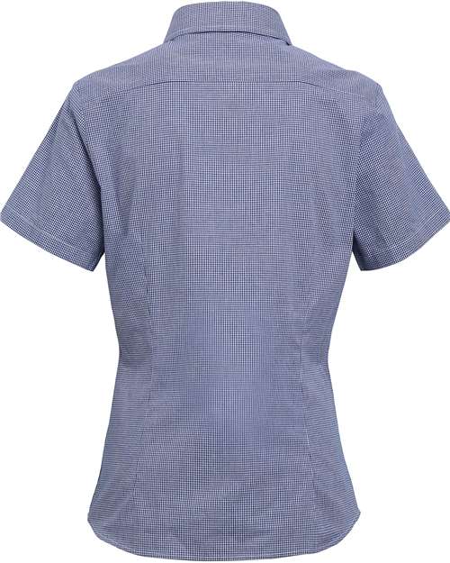 Artisan Collection by Reprime RP321 Ladies' Microcheck Gingham Short-Sleeve Cotton Shirt #color_NAVY/ WHITE