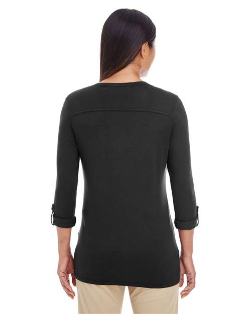 Devon & Jones DP186W Ladies' Perfect Fit Y-Placket Convertible Sleeve Knit Top #color_BLACK