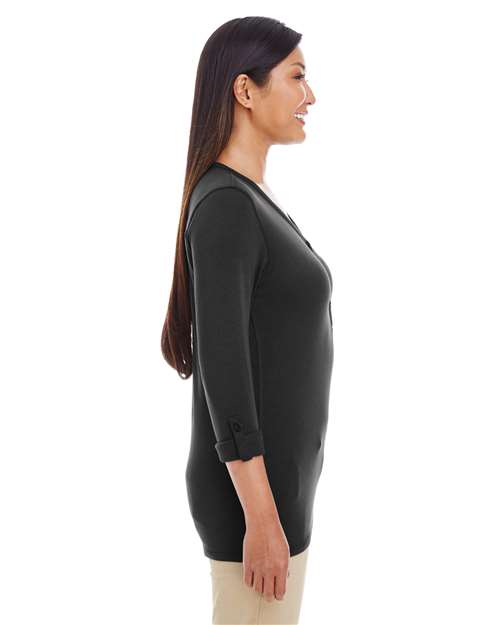 Devon & Jones DP186W Ladies' Perfect Fit Y-Placket Convertible Sleeve Knit Top #color_BLACK