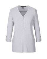 Devon & Jones DP186W Ladies' Perfect Fit Y-Placket Convertible Sleeve Knit Top #color_GREY HEATHER