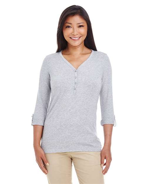 Devon & Jones DP186W Ladies' Perfect Fit Y-Placket Convertible Sleeve Knit Top #color_GREY HEATHER