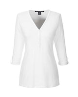 Devon & Jones DP186W Ladies' Perfect Fit Y-Placket Convertible Sleeve Knit Top #color_WHITE