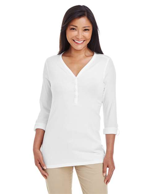 Devon & Jones DP186W Ladies' Perfect Fit Y-Placket Convertible Sleeve Knit Top #color_WHITE