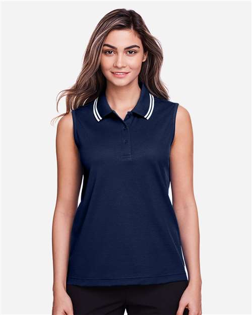 Devon & Jones DG20SW Ladies' CrownLux Performance Plaited Tipped Sleeveless Polo #color_NAVY/ WHITE