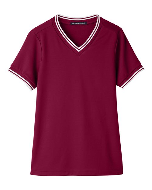 Devon & Jones DG20CW Ladies' CrownLux Performance Plaited Tipped V-Neck Polo #color_BURGUNDY/ WHITE