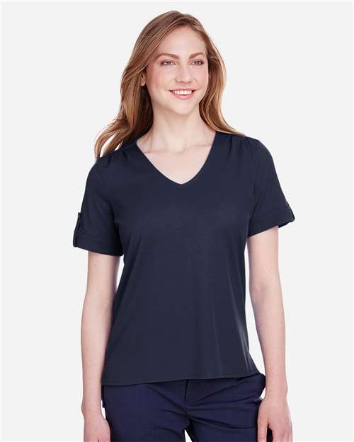 Devon & Jones DG20WB Ladies' CrownLux Performance Plaited Rolled-Sleeve Top #color_NAVY