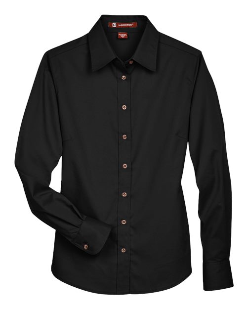 Harriton M500W Ladies' Easy Blend Long-Sleeve TwillShirt with Stain-Release #color_BLACK