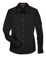 Harriton M500W Ladies' Easy Blend Long-Sleeve TwillShirt with Stain-Release #color_BLACK