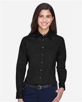 Harriton M500W Ladies' Easy Blend Long-Sleeve TwillShirt with Stain-Release #color_BLACK