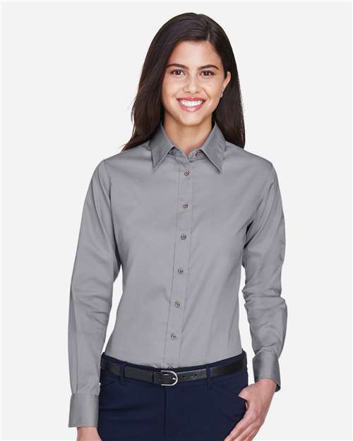 Harriton M500W Ladies' Easy Blend Long-Sleeve TwillShirt with Stain-Release #color_DARK GREY