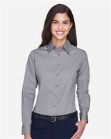Harriton M500W Ladies' Easy Blend Long-Sleeve TwillShirt with Stain-Release #color_DARK GREY