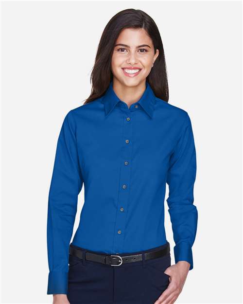 Harriton M500W Ladies' Easy Blend Long-Sleeve TwillShirt with Stain-Release #color_FRENCH BLUE