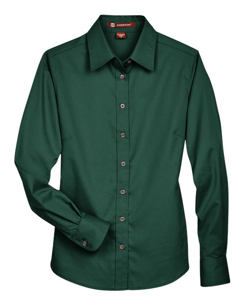 Harriton M500W Ladies' Easy Blend Long-Sleeve TwillShirt with Stain-Release #color_HUNTER