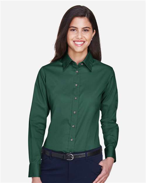 Harriton M500W Ladies' Easy Blend Long-Sleeve TwillShirt with Stain-Release #color_HUNTER