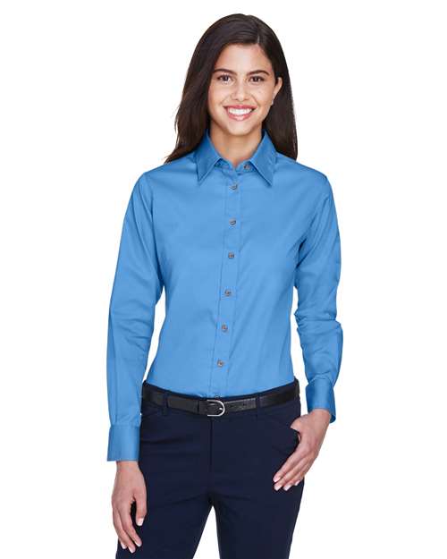 Harriton M500W Ladies' Easy Blend Long-Sleeve TwillShirt with Stain-Release #color_NAUTICAL BLUE