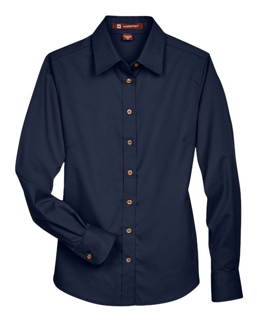 Harriton M500W Ladies' Easy Blend Long-Sleeve TwillShirt with Stain-Release #color_NAVY