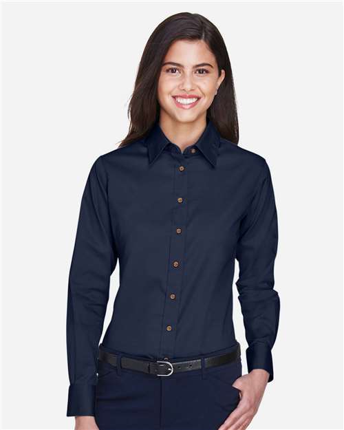 Harriton M500W Ladies' Easy Blend Long-Sleeve TwillShirt with Stain-Release #color_NAVY