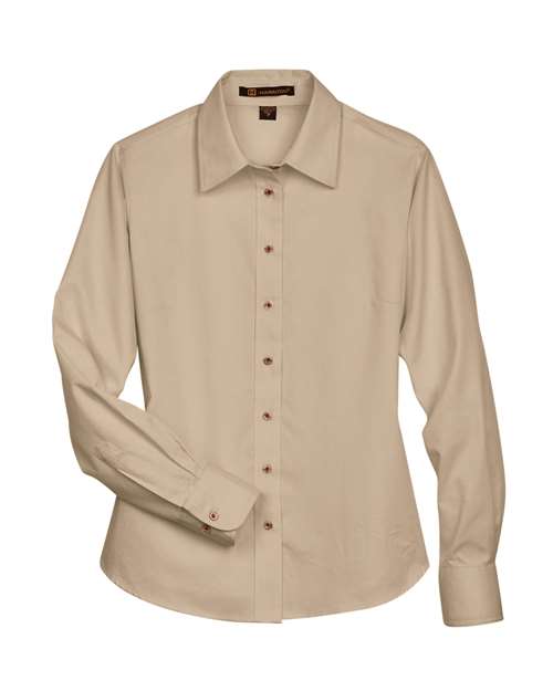 Harriton M500W Ladies' Easy Blend Long-Sleeve TwillShirt with Stain-Release #color_STONE