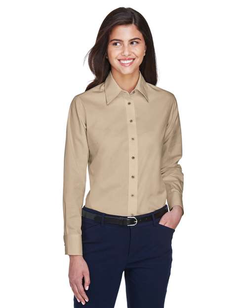 Harriton M500W Ladies' Easy Blend Long-Sleeve TwillShirt with Stain-Release #color_STONE