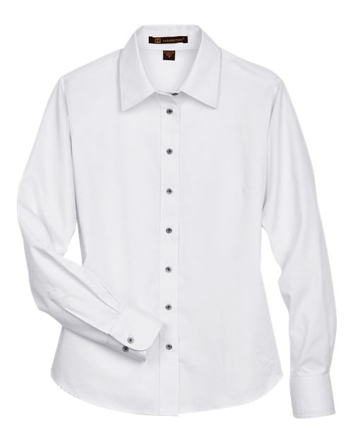 Harriton M500W Ladies' Easy Blend Long-Sleeve TwillShirt with Stain-Release #color_WHITE