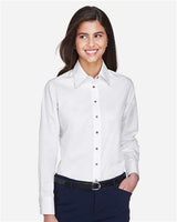 Harriton M500W Ladies' Easy Blend Long-Sleeve TwillShirt with Stain-Release #color_WHITE