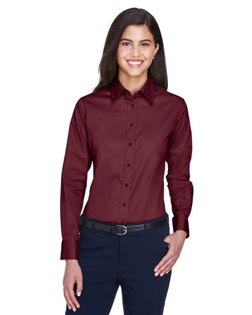 Harriton M500W Ladies' Easy Blend Long-Sleeve TwillShirt with Stain-Release #color_WINE