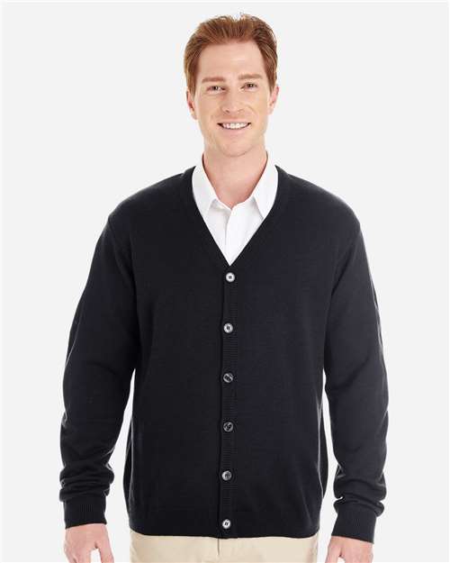 Harriton M425 Men's Pilbloc V-Neck Button Cardigan Sweater #color_BLACK