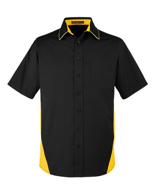 Harriton M586 Men's Flash IL Colorblock Short Sleeve Shirt #color_BLACK/ SNRY YLLW