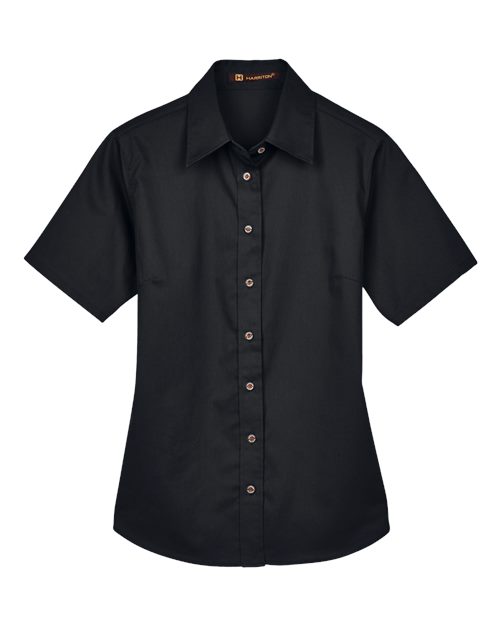 Harriton M500SW Ladies' Easy Blend Short-Sleeve Twill Shirt withStain-Release #color_BLACK